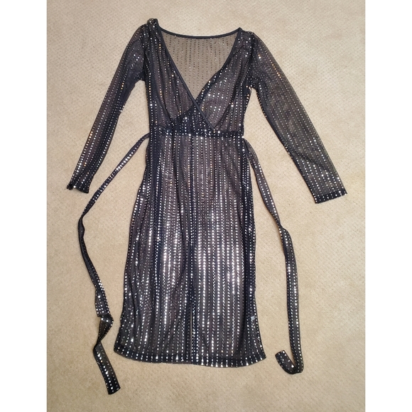 Sheer Black and Silver Metallic Faux Wrap Dress - Picture 10 of 10